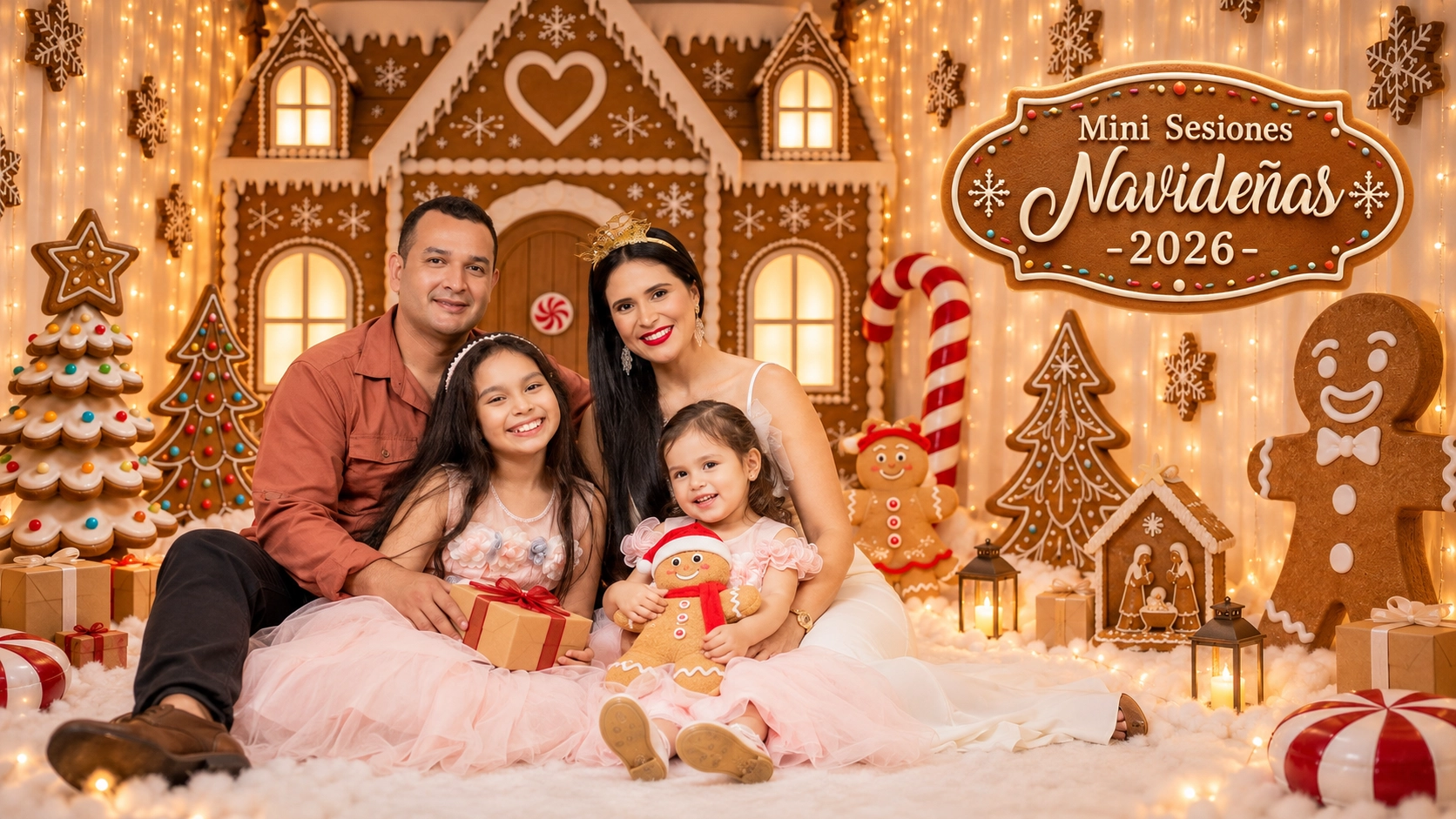 Previsualización generada con IA: familia en un escenario navideño de casa de jengibre con el logo Mini Sesiones Navideñas 2026